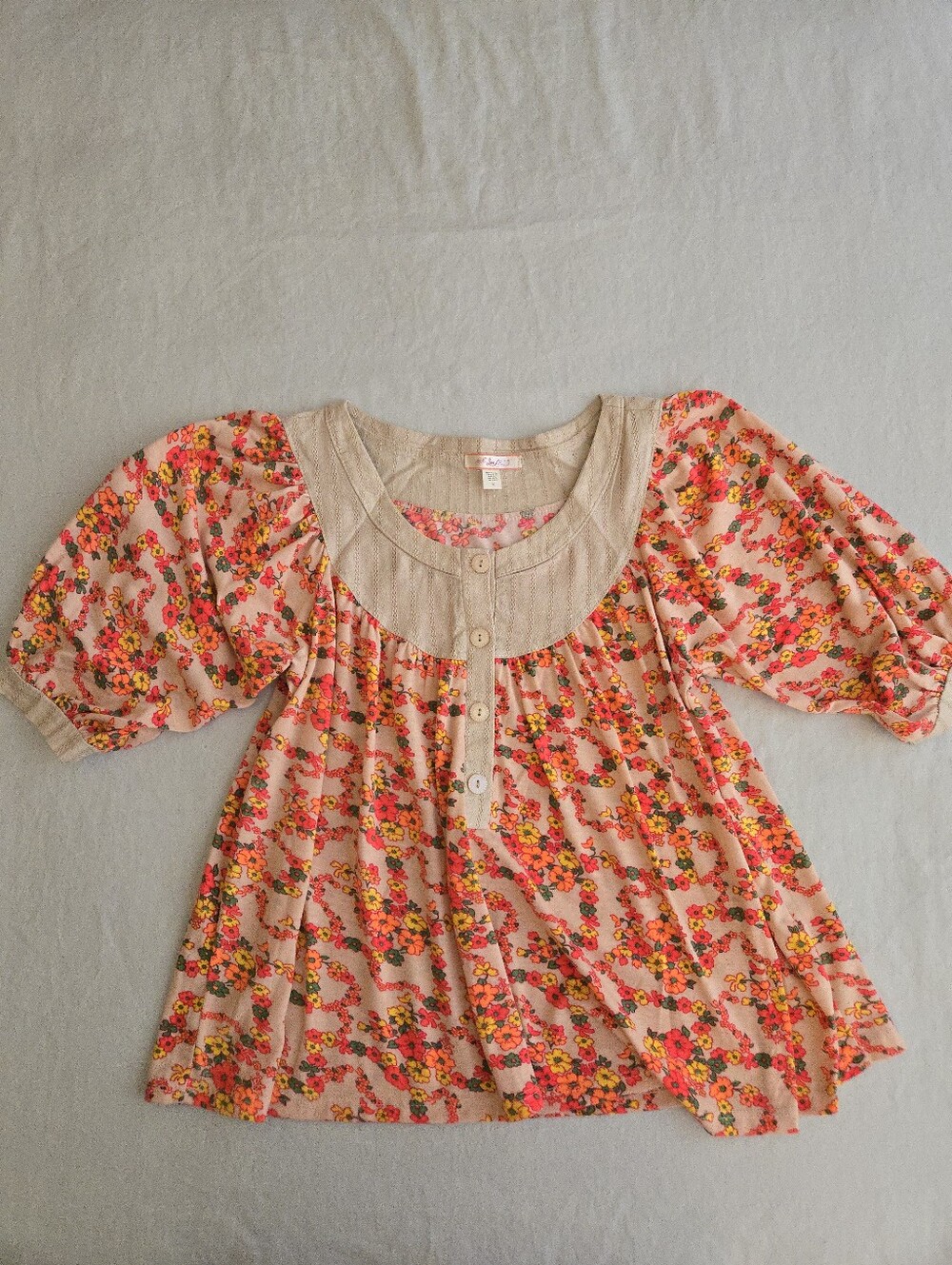Lux Urban Outfitters Vintage 70s Style Floral Pink Beige Puff Sleeve Blouse EB4